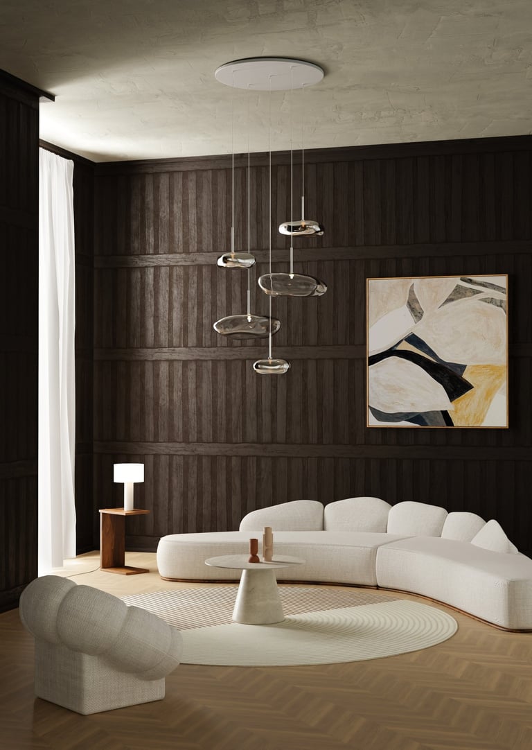 Rendu 3D photoréaliste d’un salon moderne avec canapé blanc arrondi, suspension design en verre chromé et mur sombre élégant.