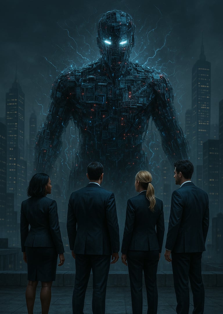 a group of business people standing in front of a giant robot