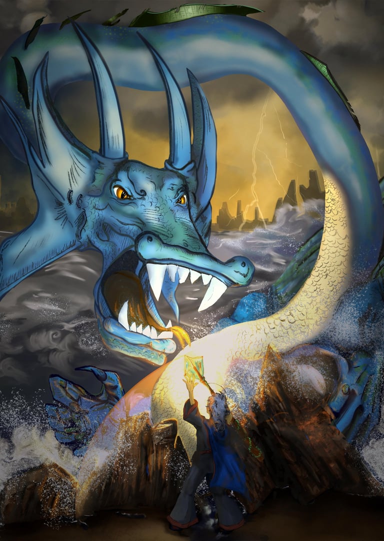 Salty Water Dragon roaring at wizard