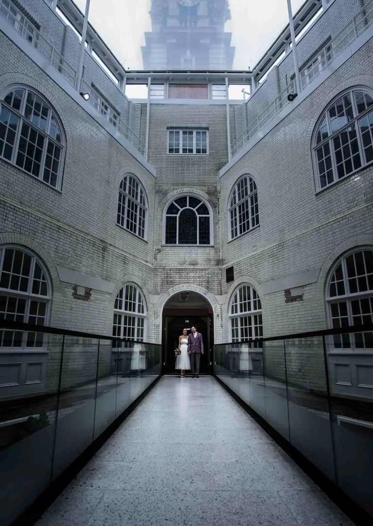 wedding couple on the bridge inside Lambeth Town Hall