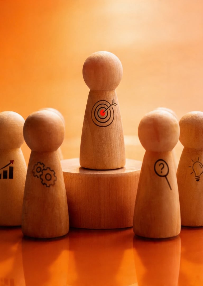 Wooden peg doll with a target symbol leading a team toward business goals and strategic objectives.