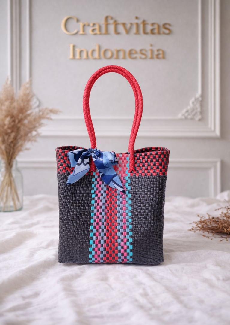 Tas anyaman plastik motif batik hitam merah biru handmade dari Craftvitas Indonesia