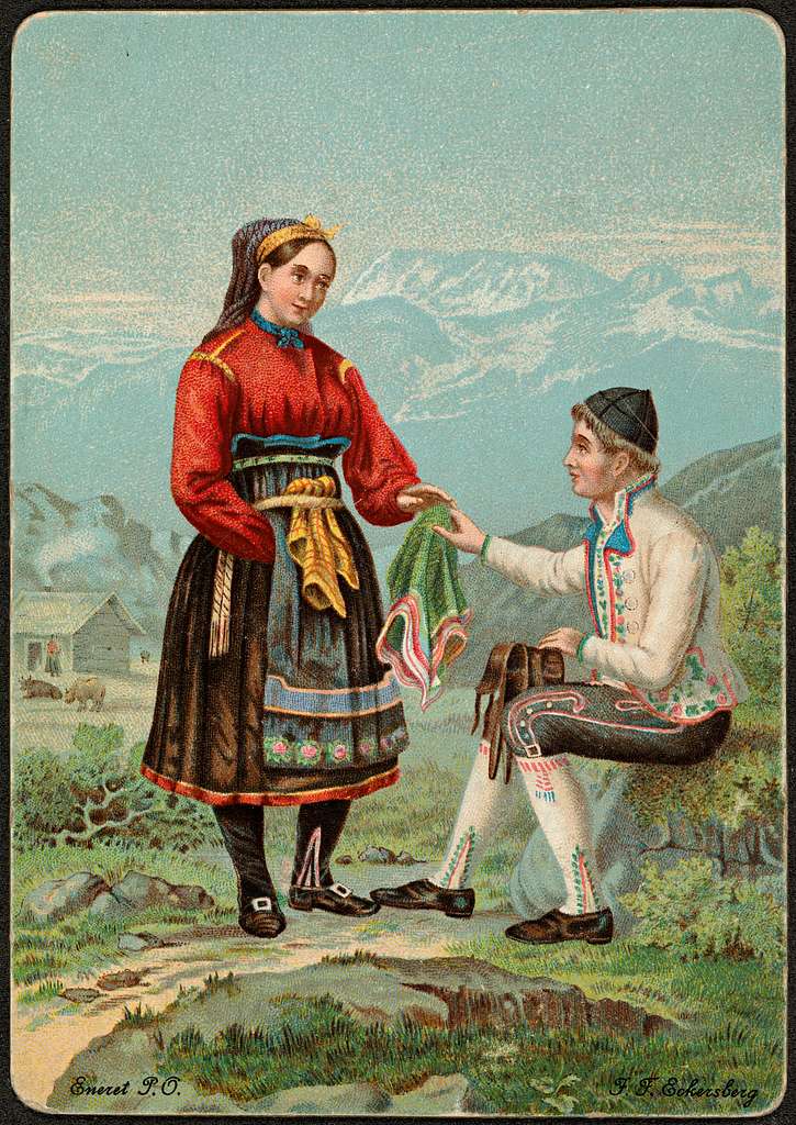 A painting of a main and woman in traditional costume with mountains in the background