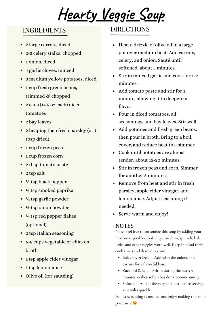 vegetable soup recipe card
