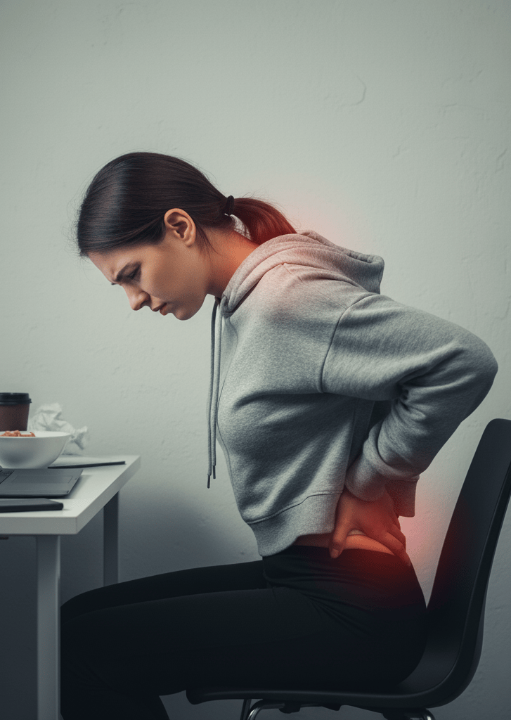 a woman sitting at a desk with a laptop suffering back pain and bad posture for sitting long