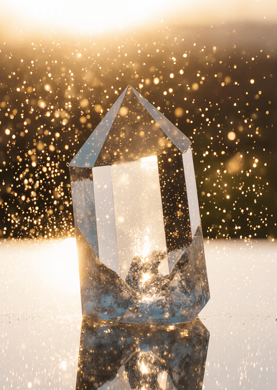 a crystal crystal cube on a reflective surface