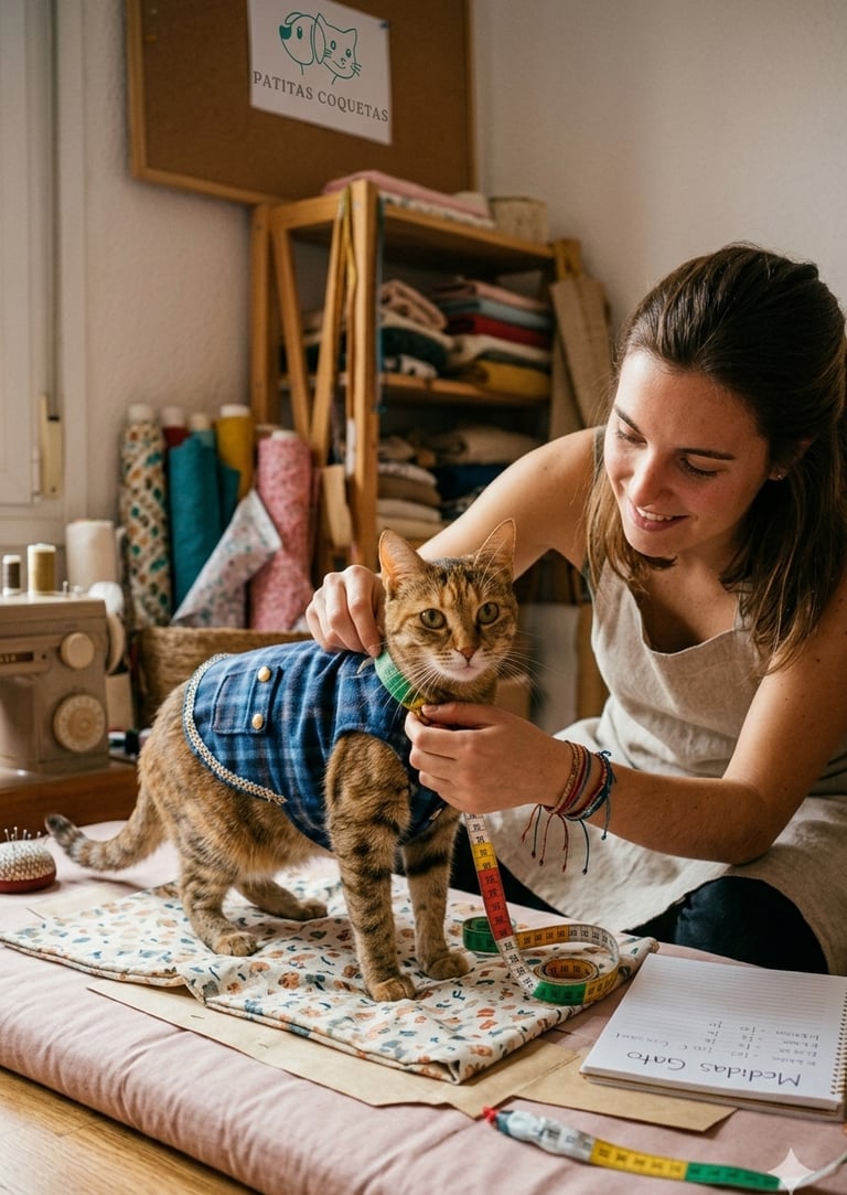 Una mujer sonriente le toma medidas a un gato atigrado que viste un chaleco azul personalizado en un