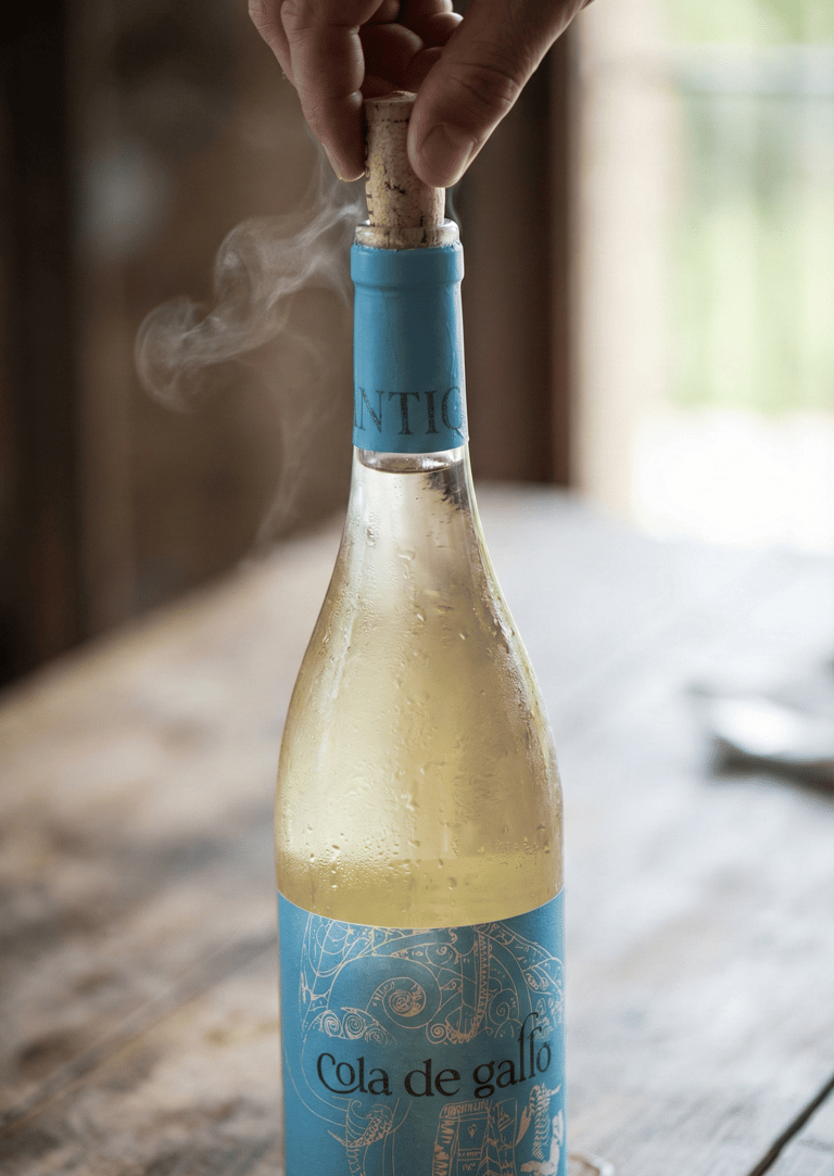 Botella de vino Cola de Gallo siendo descorchada con burbujas naturales saliendo