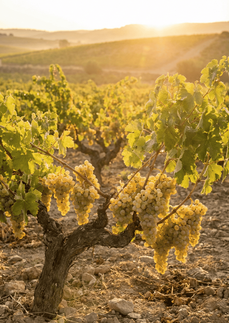 Viñedo valenciano al amanecer con racimos de uva blanca para vino bajo en alcohol