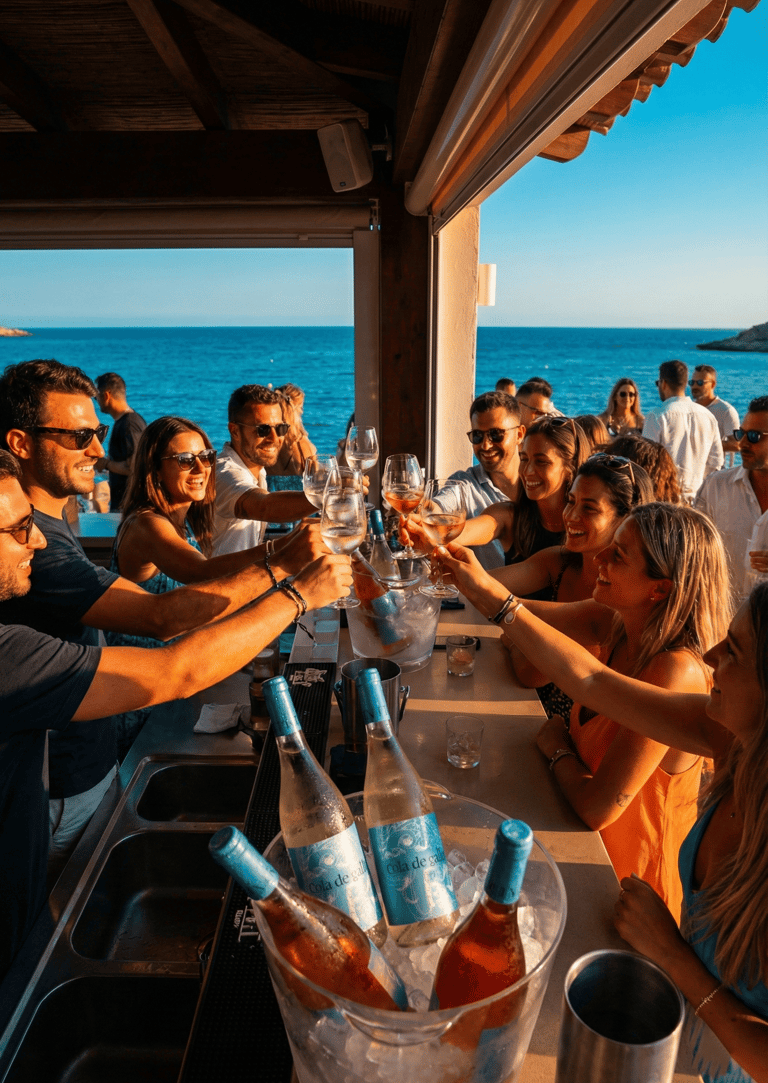 Terraza mediterránea con copas de vino Cola de Gallo y vista al mar en Valencia