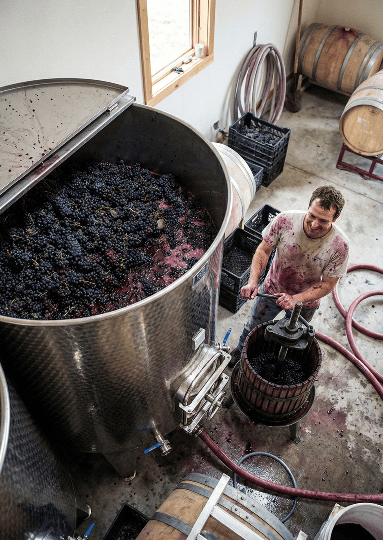 Depósito de acero inoxidable con uvas frescas durante vinificación de vino natural Cola de Gallo 