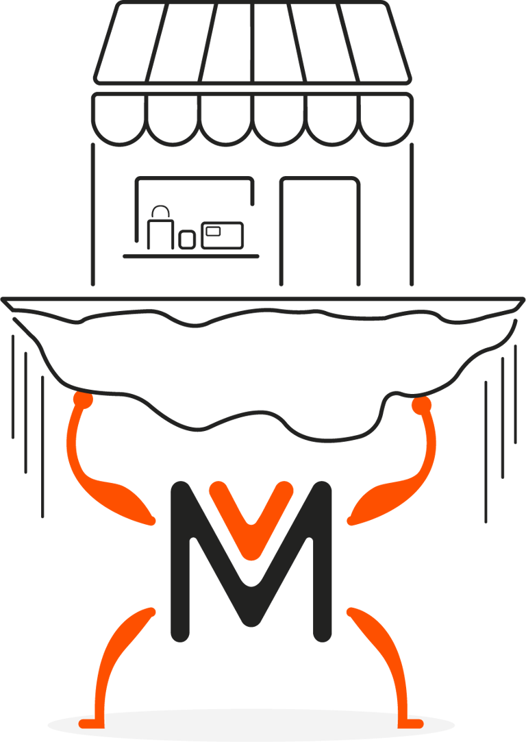 El anagrama de Momento Visual personificado e impulsando una ilustración de un negocio