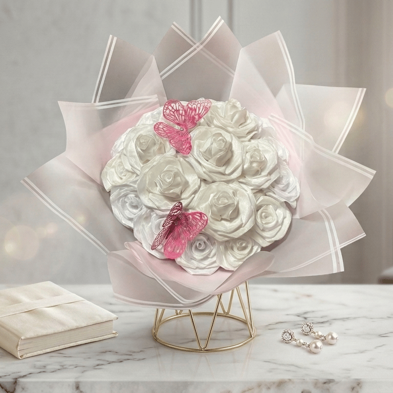 Elegante ramo de rosas de satín blanco con detalles de mariposas rosas