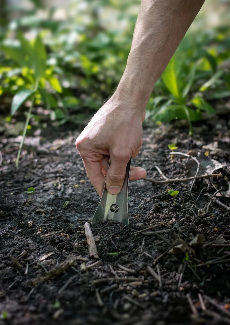 Hand pushing boglerco trowel into ground