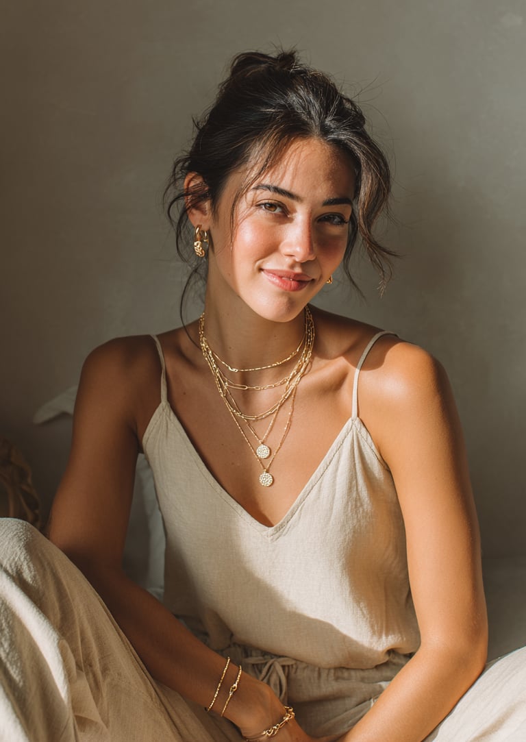 Mujer luciendo collares, aretes y pulseras doradas de estilo minimalista, inspirados en la elegancia