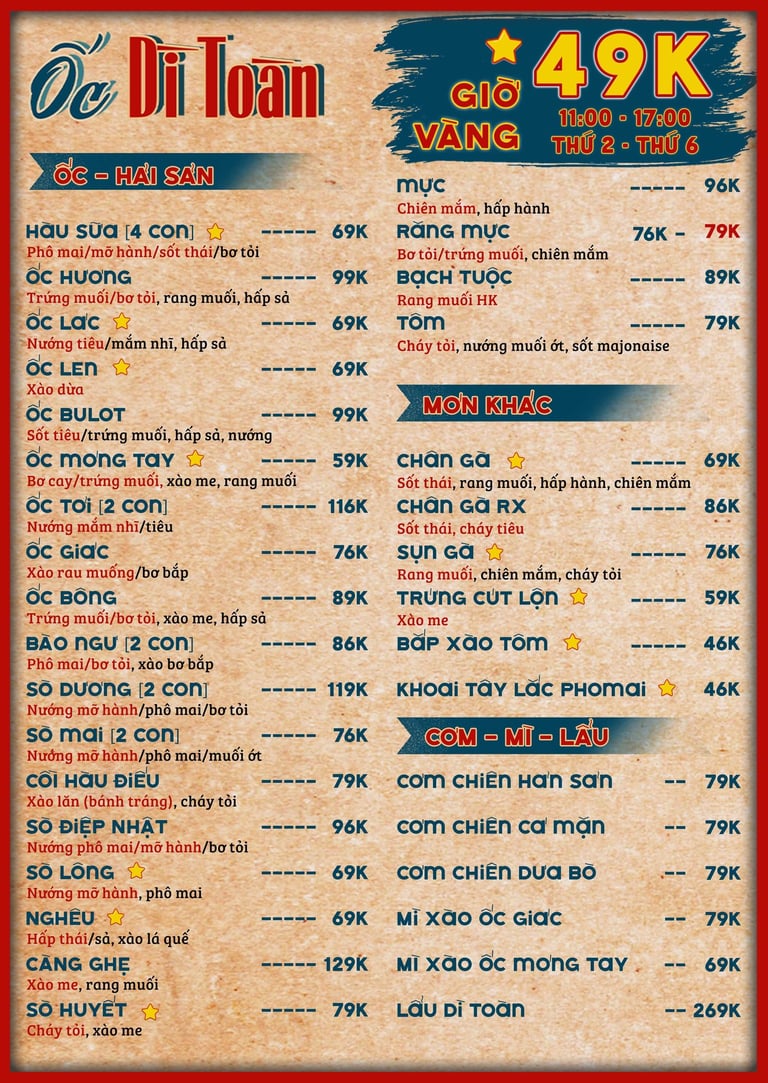 Thực đơn Ốc Dì Toàn - ốc ngon quận Gò Vấp