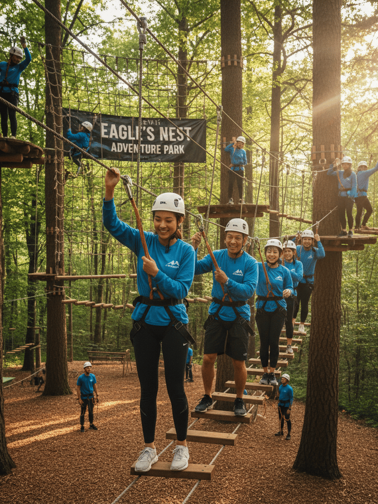 a group of people on a zip line in the woods