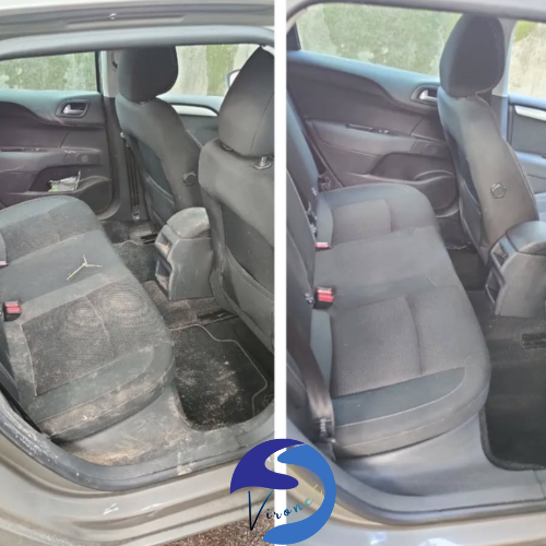 Avant-après du nettoyage des sièges arrière remplis de poils, rendus propres et nets à Verviers.