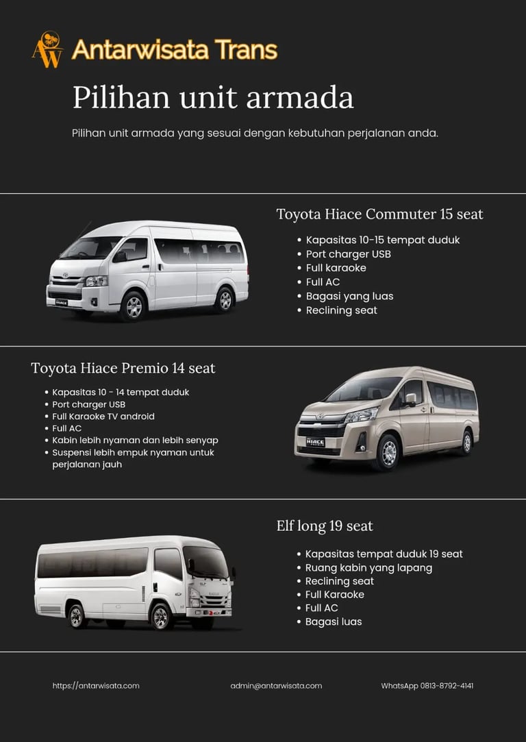Brosur pilihan unit armada Antarwisata Trans. Toyota Hiace commuter, Hiace Premio dan Elf long.