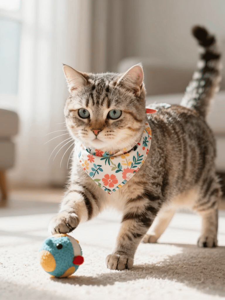 A cute tabby cat wearing a floral bandana plays with a colorful ball toy on a rug.