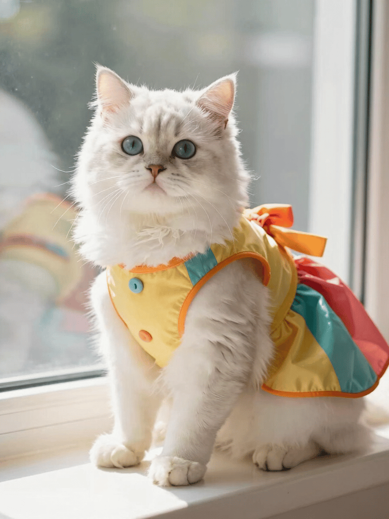 Un gato blanco esponjoso de ojos azules, con un colorido vestido para mascotas, sentado en el alféizar de una ventana soleada