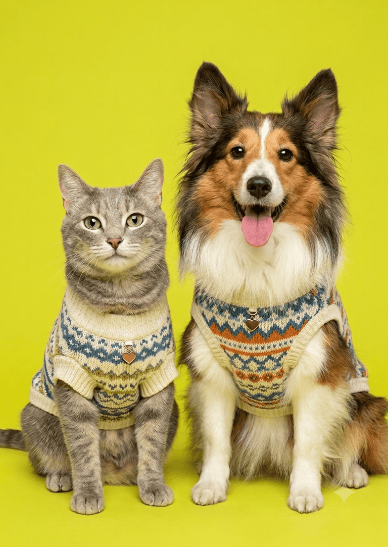 Un gato atigrado gris y un perro pastor de Shetland con suéteres a juego sobre un fondo amarillo.