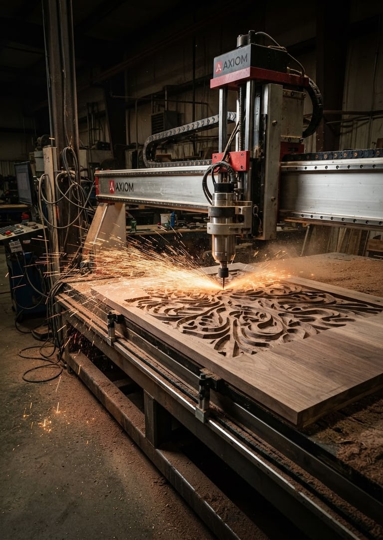 Wide shot of a large format CNC Router machine actively engraving a complex 3D relief pattern onto a thick wooden panel, sawdust flying, dramatic industrial lighting, sharp details, 35mm lens