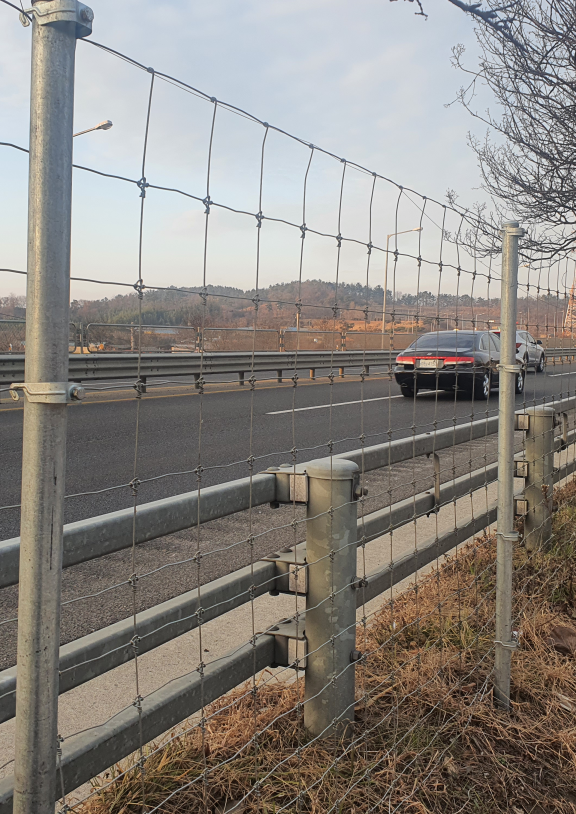 Galvanized steel wire fence installed on highway roadside, used for safety isolation and animal containment