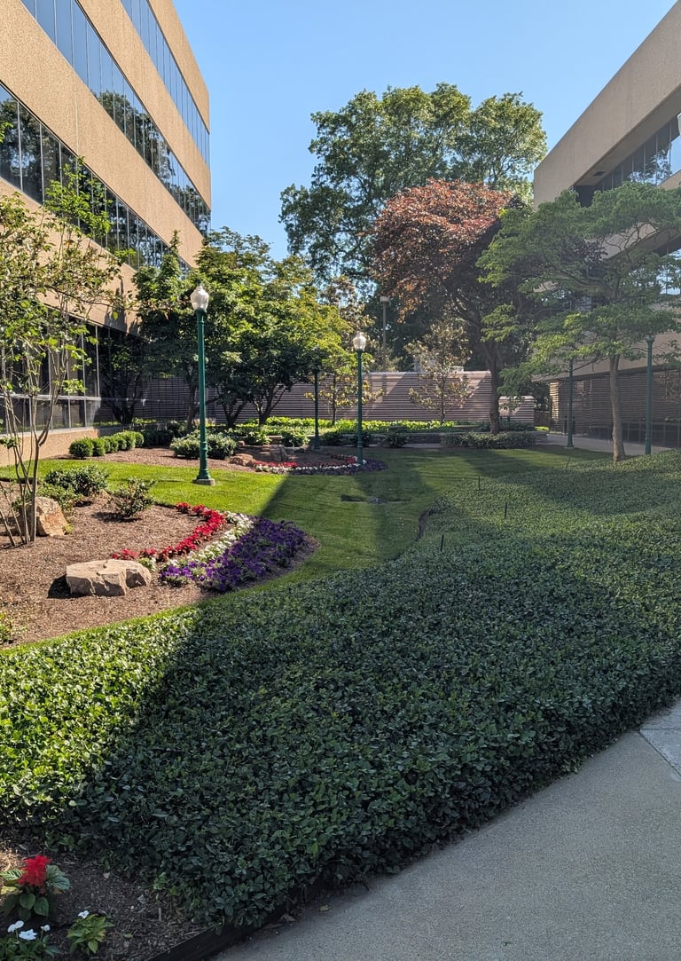 Professional office park courtyard with manicured landscaping, green hedges, and commercial buildings.