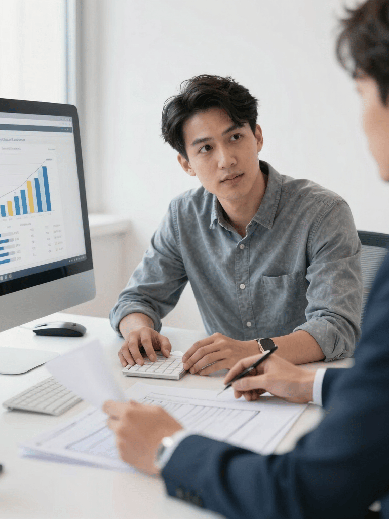 A financial advisor reviewing growth charts on a computer screen with a client during a business meeting.
