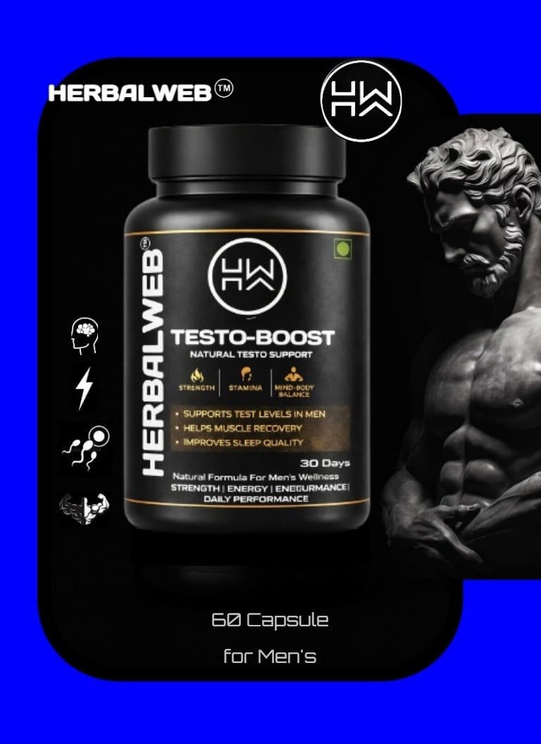 Herbalweb Testo-Boost natural testosterone support capsules for men's muscle recovery and stamina.