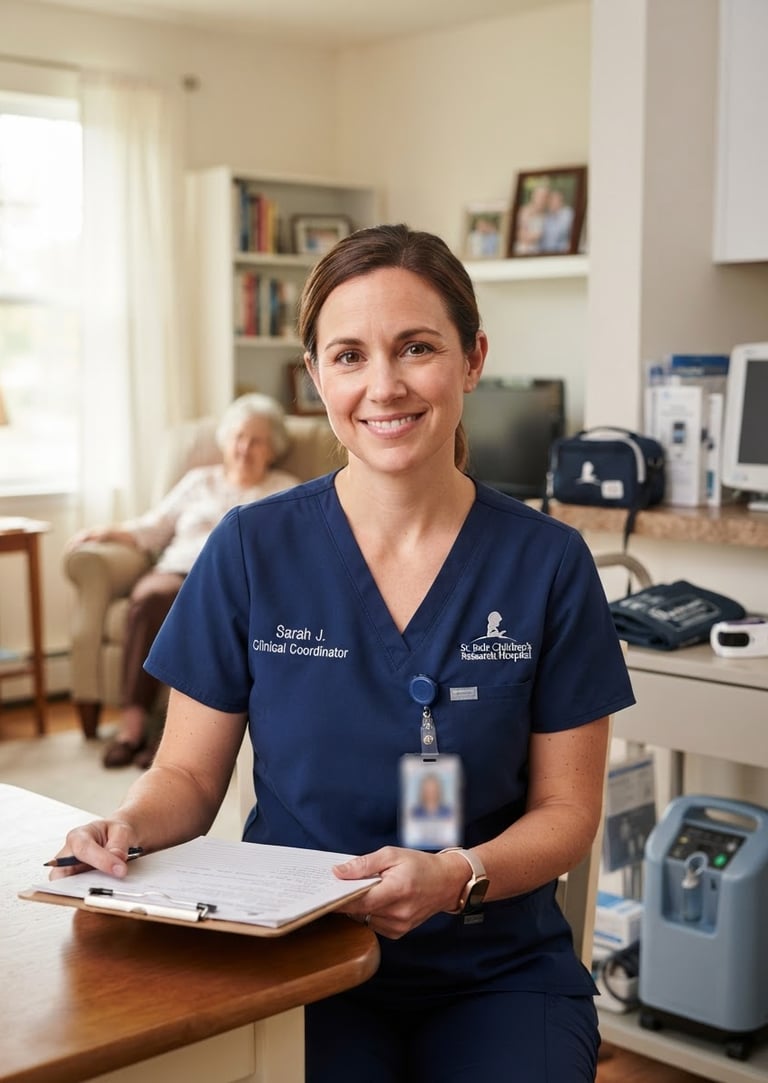 Professional clinical coordinator in a clean uniform, smiling gently, in a bright home setting with medical equipment visible in the background, soft natural indoor daylight, medium close-up, warm editorial healthcare photography.