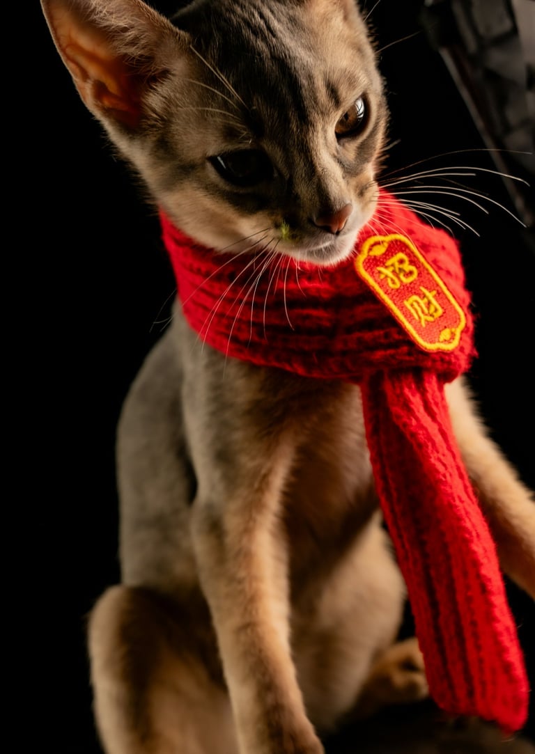 Gatito abisinio con una bufanda de punto roja y un colgante del Año Nuevo chino, en un estudio foto