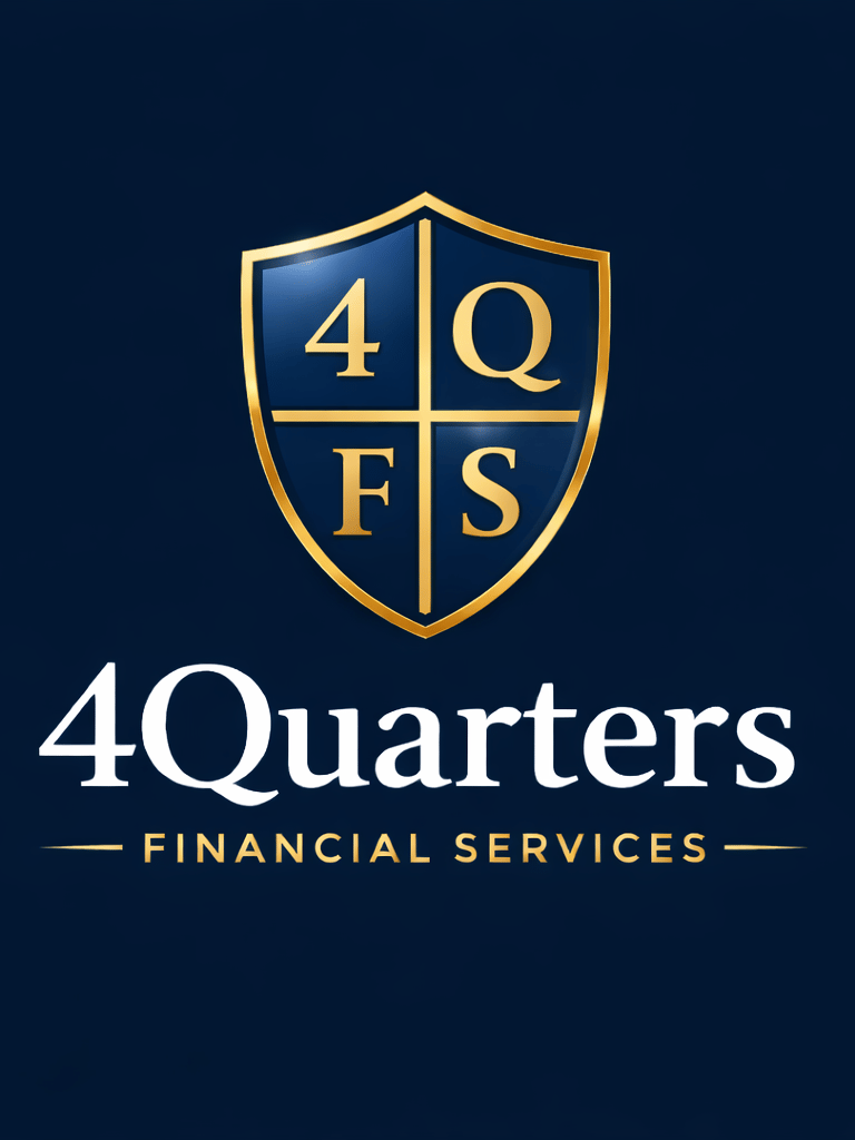 The logo for 4Quarters Financial Services, depicting a shield with 4 quarters on it, in a gold trim.