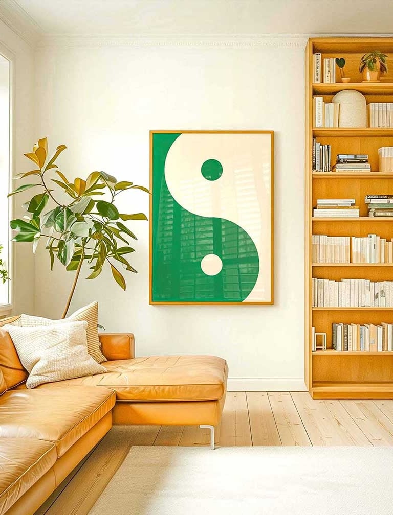 Minimalist green yin yang wall art with modern abstract balance and harmony design