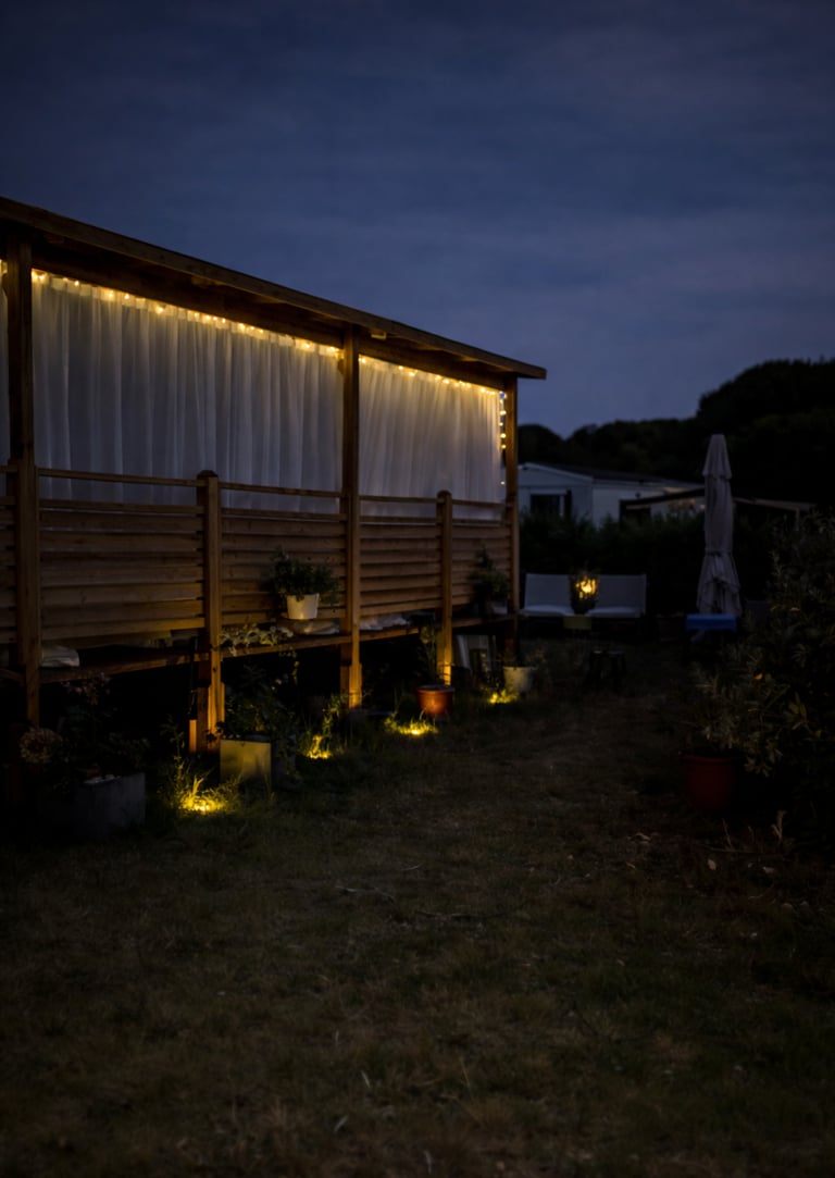 Terrasse de bungalow éclairée le soir au camping Siblu Le Lac des Rêves à Lattes