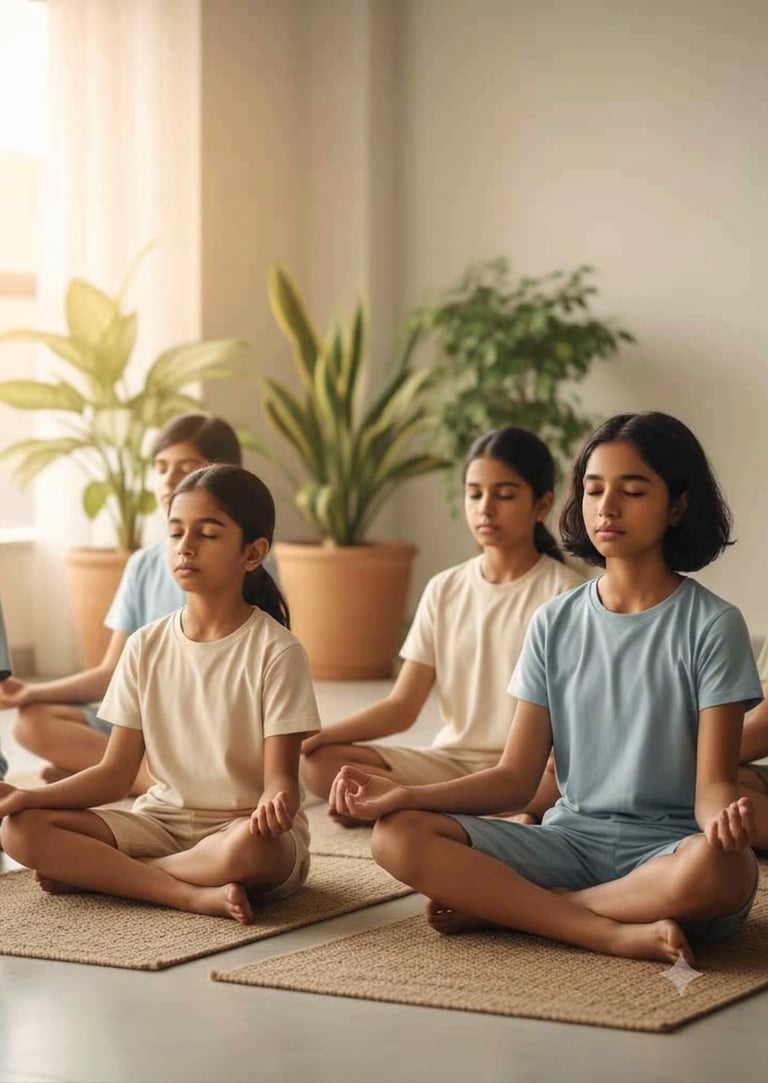 Children practicing calm behavior and emotional regulation skills in mindfulness training session