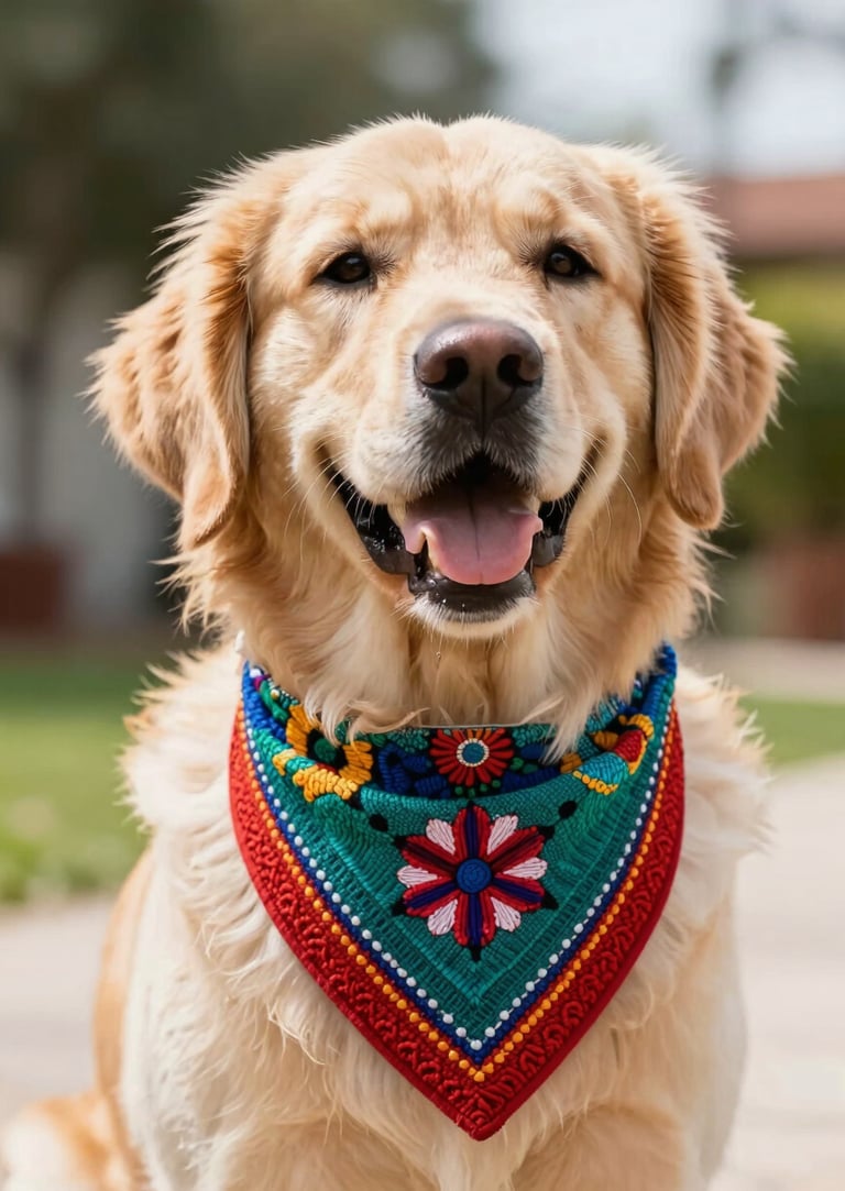 Perro feliz raza Golden Retriever con un collar con adorno de pañoleta bordada