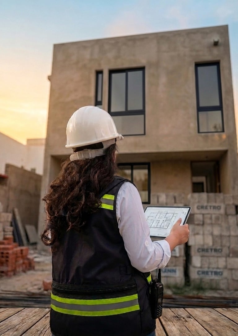 Arquitecta con chaleco de seguridad enfrente de una obra en construccion 