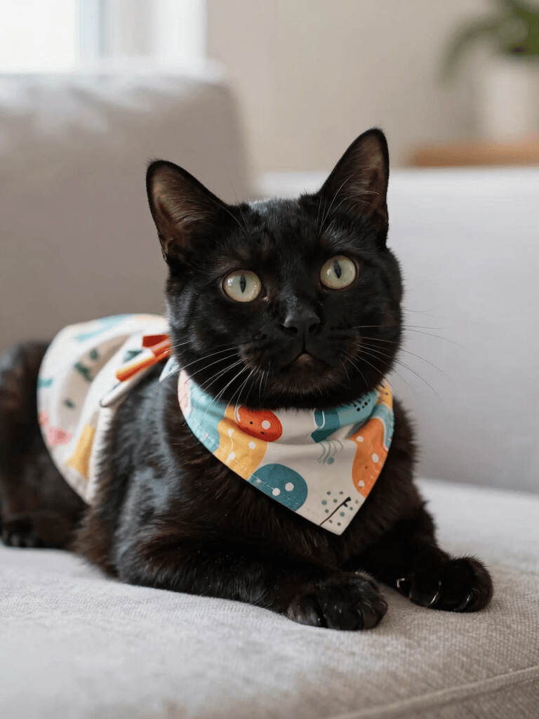 Un gato negro con un colorido pañuelo y un chaleco estampados 