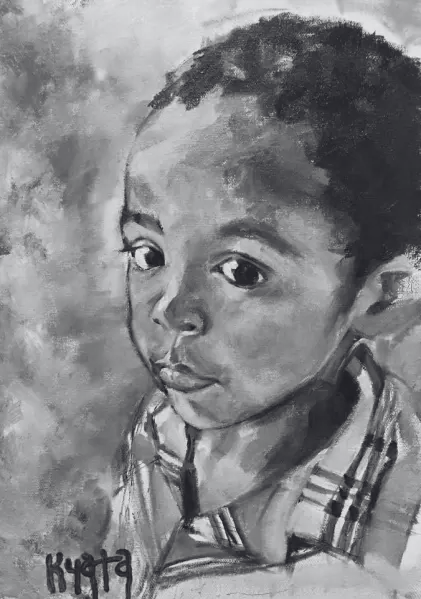 A black and white charcoal portrait painting of a young boy looking off-camera with a thoughtful expression.