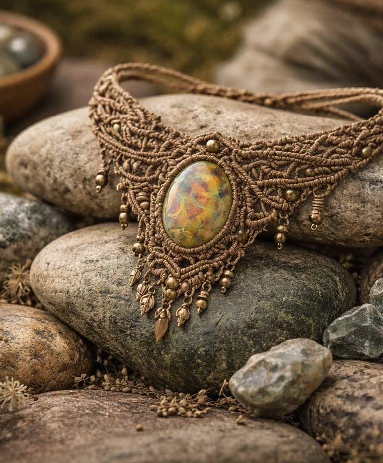 Collar de macramé hecho con piedra de tigre sobre rocas