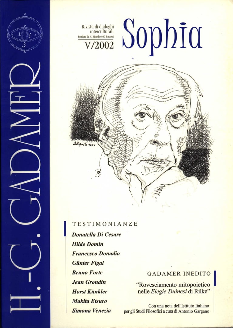 Sophia journal cover V/2002 featuring a Hans-Georg Gadamer sketch and philosophical testimonies.
