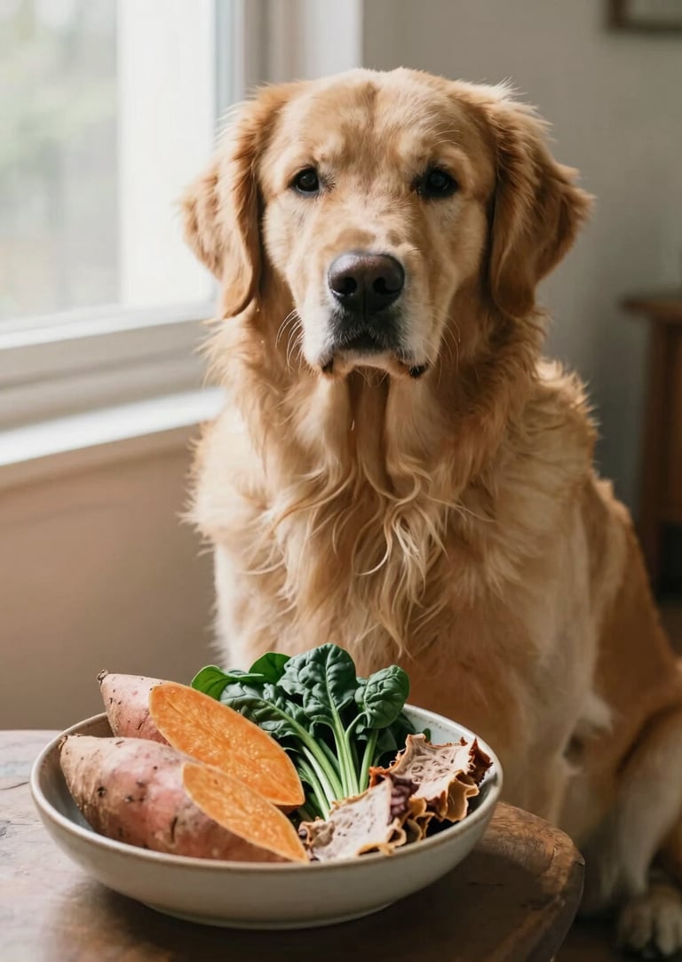 Perro golden retriever con alimentos sanos