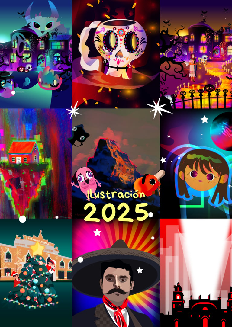 Un collage colorido de ilustraciones digitales diversas que incluye elementos mexicanos y animados