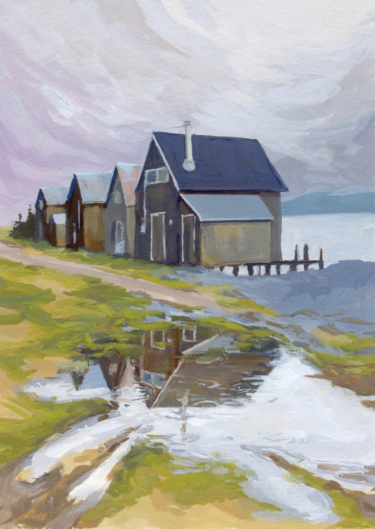 Rainy Day Fish Shacks - Painting by Michelle Darwin