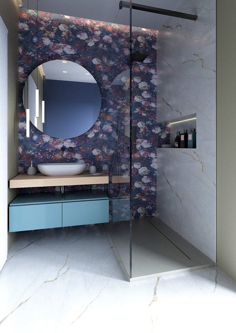 a bathroom with a blue vanity and a mirror