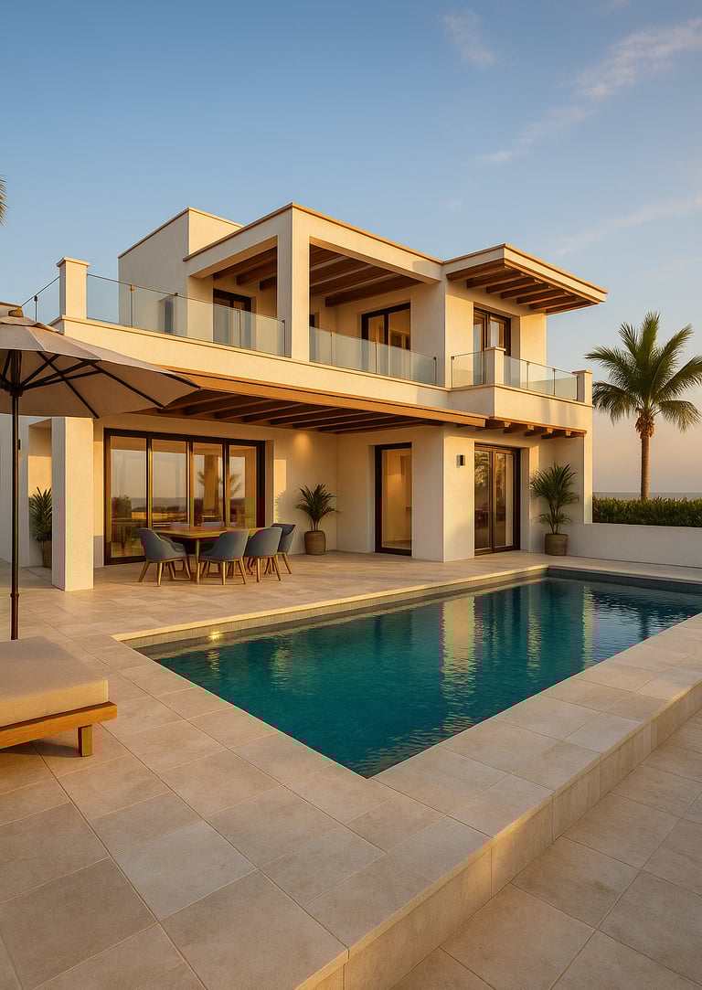 Fachada principal de villas terrazas de la exótica