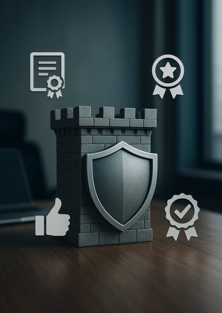 Fortaleza-digital-sólida-com-escudo-protetor-cercada-símbolos-confiança-certificados