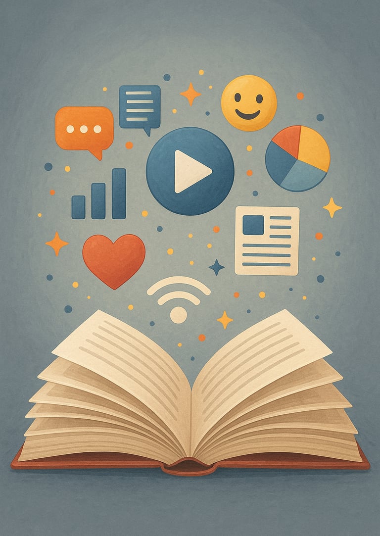 Ilustração-conceitual-storytelling-digital-livro-aberto-elementos-digitais-saindo-das-páginas